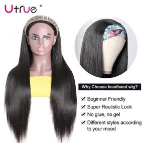 img 3 attached to 👱 Utrue Hair Headband Wig: 18" Human Hair Straight Wig – Glueless, None Lace Front, Machine Made | 130% Density Straight Hair Wig