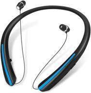 🎧 blue bluetooth headphones with retractable neckband, wireless sweatproof stereo earbuds, cvc 8.0 noise cancelling, vibrate alert, and call function logo