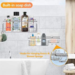 img 3 attached to 🛁 Stainless Steel Adhesive Shower Caddy Organizer with Soap Dish and 11 Hooks - Silver, 2 Pack