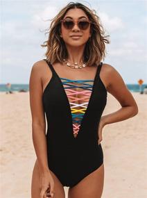 img 3 attached to 🌈 SOFIA'S CHOICE Women's Deep V Neck Lace Up Lattice Front Rainbow Tie Bikini - Elegant One-Piece Swimsuit for Women