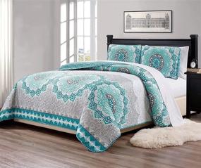img 1 attached to 🛏️ Linen Plus King/California King 3pc Oversized Quilted Bedspread in Floral Medallion Design - Turquoise Teal Aqua Coastal Plain/Gray Green - Brand New