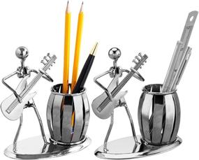 img 4 attached to 🎸 Set of 2 Pen/Pencil Holders in Gunmetal Gray Metal Guitar Rocker Design - Decorative Desktop Organizers