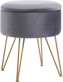 img 4 attached to Stylish Velvet Round Footrest Stool Ottoman with Golden Steel Legs - Grey RF-004