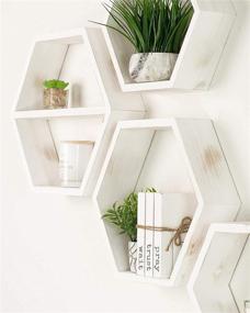 img 2 attached to Extra Large Hexagon Floating Shelves Set of 4 - Honeycomb Octagon Rustic White Wood Wall Decor - Geometric Hexagonal Shelves