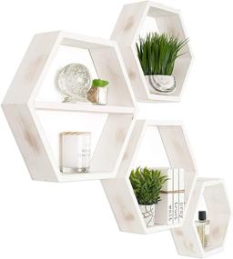 img 4 attached to Extra Large Hexagon Floating Shelves Set of 4 - Honeycomb Octagon Rustic White Wood Wall Decor - Geometric Hexagonal Shelves