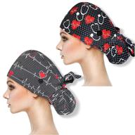 yuesuo 2 pack working cap with buttons and sweatband: adjustable ponytail ribbon tie back hats for women & men with long hair - shower caps (b) logo