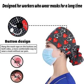 img 2 attached to YUESUO 2 Pack Working Cap with Buttons and Sweatband: Adjustable Ponytail Ribbon Tie Back Hats for Women & Men with Long Hair - Shower Caps (B)