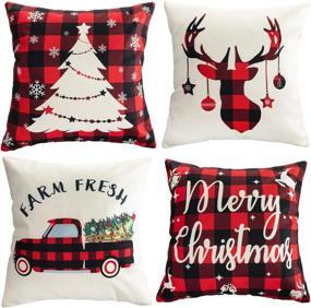 img 4 attached to 🎄 Set of 4 Buffalo Plaid Christmas Throw Pillow Covers - 18 x 18 Decorative Cushion Cover Set with Zipper Closure