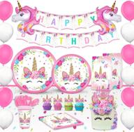 🦄 trendy unicorn birthday decorations for girls - unicorn party supplies set for 16 guests, including disposable paper plates, cups, napkins, table cloth, balloons, swirls, headband, and birthday sash! logo