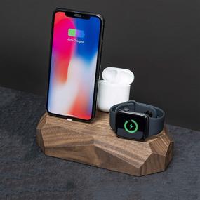 img 1 attached to 🌳 Solid Wood Triple Charging Dock for iPhone, AirPods, and Apple Watch - Walnut by Oakywood: Geometric Design