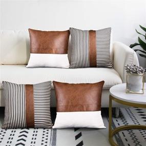 img 4 attached to 🏡 Modern Farmhouse Cushion Covers: Set of 4 18x18 Inch Decorative Throw Pillow Covers with Faux Leather Stitching, Canvas, and Black Stripe Pattern