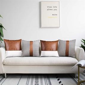 img 3 attached to 🏡 Modern Farmhouse Cushion Covers: Set of 4 18x18 Inch Decorative Throw Pillow Covers with Faux Leather Stitching, Canvas, and Black Stripe Pattern