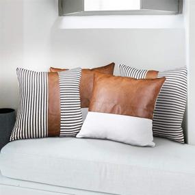 img 2 attached to 🏡 Modern Farmhouse Cushion Covers: Set of 4 18x18 Inch Decorative Throw Pillow Covers with Faux Leather Stitching, Canvas, and Black Stripe Pattern