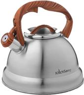 kitchsavvy whistling tea kettle: stainless steel stovetop teapot, 3 quart, stay cool handle, all stovetops logo