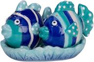 🐠 delight in the beachcombers ss-bcs-03690 ceramic fish salt and pepper shaker set, vibrant tropical ocean blue with tray logo