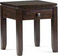 solid wood 18 inch wide square contemporary end side table in mahogany brown with storage, 1 drawer, for living room and bedroom by simplihome cosmopolitan logo