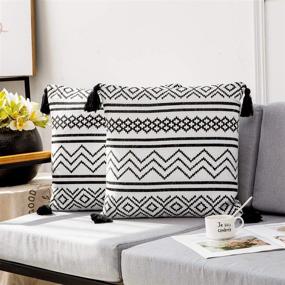 img 4 attached to 🌿 Boho Throw Pillow Covers 18X18 Inch, Set of 2 - Black and White Cotton Woven Decorative Throw Pillow Covers with Tassels for Sofa, Bedroom, and Living Room