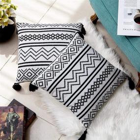 img 3 attached to 🌿 Boho Throw Pillow Covers 18X18 Inch, Set of 2 - Black and White Cotton Woven Decorative Throw Pillow Covers with Tassels for Sofa, Bedroom, and Living Room