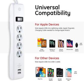 img 2 attached to GE 4-Outlet Surge Protector with USB Ports - 6 Ft Power Cord, 450 Joules, Safety Covers, Automatic Shutdown - UL Listed, White, 36391