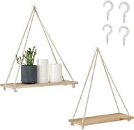 🪴 set of 2 wooden wall hanging shelves with hooks - natural light reclaimed wood, macrame rope, triangle floating rustic farmhouse modern boho decor for plants, bathroom, living room, bedroom, corners logo