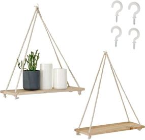 img 4 attached to 🪴 Set of 2 Wooden Wall Hanging Shelves with Hooks - Natural Light Reclaimed Wood, Macrame Rope, Triangle Floating Rustic Farmhouse Modern Boho Decor for Plants, Bathroom, Living Room, Bedroom, Corners