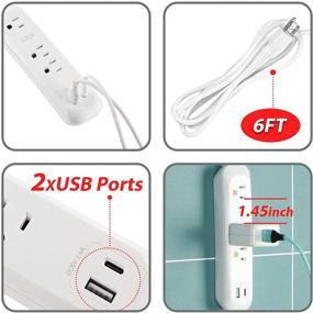 img 1 attached to ⚡ 6ft Power Strip Extension Cord with USB Ports (Type A+C), 3 Outlets, 1250W/10A, Surge Protector 300J - Ideal for Home Office, White