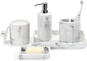 img 3 attached to 🛁 Luxspire Bathroom Accessory Sets - 5 Piece Kit, Resin 3D Vanity Tray, Toothbrush Holder Cup, Soap Dish, Cotton Swab Holder, Soap Lotion Dispenser, Home Decor Bath Counter Accessories in Marble White