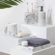 🛁 luxspire bathroom accessory sets - 5 piece kit, resin 3d vanity tray, toothbrush holder cup, soap dish, cotton swab holder, soap lotion dispenser, home decor bath counter accessories in marble white logo