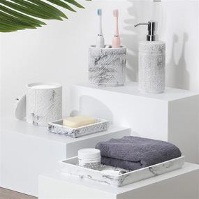 img 4 attached to 🛁 Luxspire Bathroom Accessory Sets - 5 Piece Kit, Resin 3D Vanity Tray, Toothbrush Holder Cup, Soap Dish, Cotton Swab Holder, Soap Lotion Dispenser, Home Decor Bath Counter Accessories in Marble White