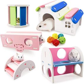 img 4 attached to 🐹 Bac-kitchen 5 Pcs Hamster Wooden Seesaw Tunnel Toy: Fun Gym Exercise Toy for Hamster Cage Accessories