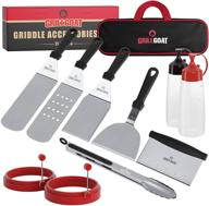 🔥 11 piece stainless steel griddle accessories kit - metal spatula set, scraper, turner, tongs, egg rings and more - ideal for blackstone or hibachi bbq - by grillgoat logo