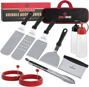 img 4 attached to 🔥 11 Piece Stainless Steel Griddle Accessories Kit - Metal Spatula Set, Scraper, Turner, Tongs, Egg Rings and More - Ideal for Blackstone or Hibachi BBQ - by GRILLGOAT