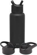 simple modern insulated water bottle: 3 lid options, 🥤 stainless steel thermos flask, 4 piece set - midnight black логотип