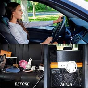 img 1 attached to DHDH Sunny Car Pocket Handbag Holder - Car Purse Holder Between Seats, Organizers and Storage for Safe Driving - Large Capacity Car Net Bag Barrier of Back Seat for Pet Kids, Black