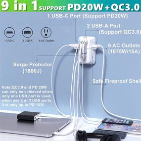 img 3 attached to Удлинитель розетки с защитой от перенапряжения и USB-портами для настенных розеток: многоразовая розетка с высокоскоростными USB-портами (поддержка PD20W USB C-QC3.0) - 6 розеток 1800 Дж + USB-адаптер для зарядки настенной розетки - Настольная полоса питания для дома и офиса, сертифицированная UL/ETL.