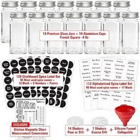 img 3 attached to Talented Kitchen 14 Glass Spice Jars with 2 Types of Preprinted Spice Labels. High-Quality Set: 14 Square Empty Jars 4oz, Pour/Sift & Coarse Shakers, Airtight Cap, Chalkboard & Clear Labels for Commercial Use