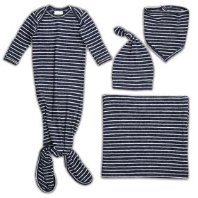 img 4 attached to 🎁 aden + anais Snuggle Knit Newborn Gift Set - Knotted Baby Gown, Swaddle Blanket, Infant Hat, and Bandana Bib, Navy Stripe - Size 0-3 Months