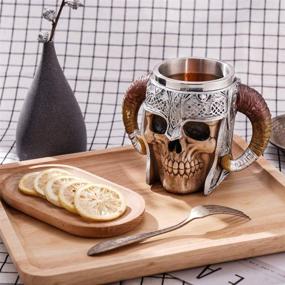 img 1 attached to 🍺 17oz Viking Warrior Skull Mug Tankard, Stainless Steel Double Handle Horn Skull Beer Cup, Medieval Skull Drinkware Mug for Coffee/Beverage/Juice