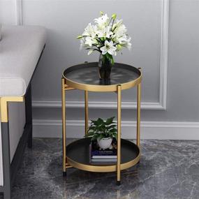 img 1 attached to 🖤 Black and Gold Industrial Side Table with Foldable Round Design, Removable Trays, Easy Assembly - Perfect for Hallway, Living Room; Space-saving Metal Telephone Table