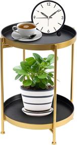 img 4 attached to 🖤 Black and Gold Industrial Side Table with Foldable Round Design, Removable Trays, Easy Assembly - Perfect for Hallway, Living Room; Space-saving Metal Telephone Table