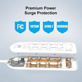 img 3 attached to ⚡ Розетка с сетевым фильтром и защитой IECOPOWER с 10 розетками и 4 USB-портами: многофункциональная розетка, защита от перегрузки, 1875 Вт / 15А, 3400 Дж, удлинитель плоский с разъемом 8 футов, белый.