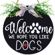 dog lovers' welcome sign for front door decor, 12 inch wooden farmhouse door hanger, front porch decoration, housewarming gift логотип