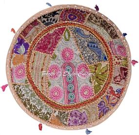 img 1 attached to 🛋️ Stylo Culture Round Ethnic Cotton Ottoman Pouf Cover: Beige Floral Patchwork Embroidered Indian Pouffe Footstool – 45cm Floor Cushion Bean Bag for Living Room Décor