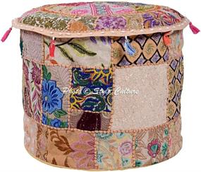img 3 attached to 🛋️ Stylo Culture Round Ethnic Cotton Ottoman Pouf Cover: Beige Floral Patchwork Embroidered Indian Pouffe Footstool – 45cm Floor Cushion Bean Bag for Living Room Décor