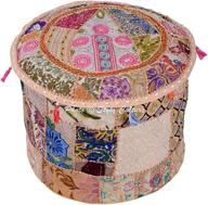 🛋️ stylo culture round ethnic cotton ottoman pouf cover: beige floral patchwork embroidered indian pouffe footstool – 45cm floor cushion bean bag for living room décor logo