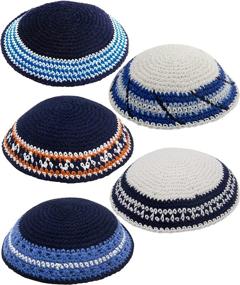 img 4 attached to 🧶 HolYudaica Pack of 5 Handmade Knitted Kippahs - HQ Mix Colors Yamaka Hat from Israel - Kippot Bulk (17CM Flat)