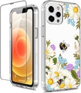 giika iphone 12 pro max case - clear floral hard case with screen protector - stylish protection for women - white flowers logo