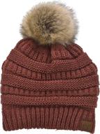 🧶 trendy warm cable knit ribbed beanie hat with faux fur pom pom, sherpa fleece lined логотип