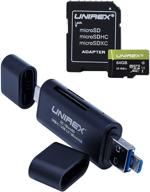 ➡️ 64gb unirex u3 microsd card with sd adapter and all in one reader - compatible with laptop, camera, tablet - supports sdxc, sdhc, sd, microsdxc, microsdhc, microsd logo