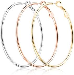 img 1 attached to 👂 Set of 3 Pairs Big Hoop Earrings - 14K Gold Plated Sterling Silver, Hypoallergenic & Lightweight Hoops for Women and Girls with Sensitive Ears, in Gold, Rose Gold, and Silver (50mm)